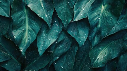 Tropical banana leaves with water droplets on a rich green background creating a textured and vibrant natural pattern