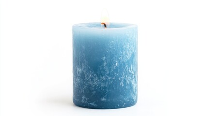 Decorative light blue wax candle with a textured surface isolated on a white background for home decor and ambiance enhancement