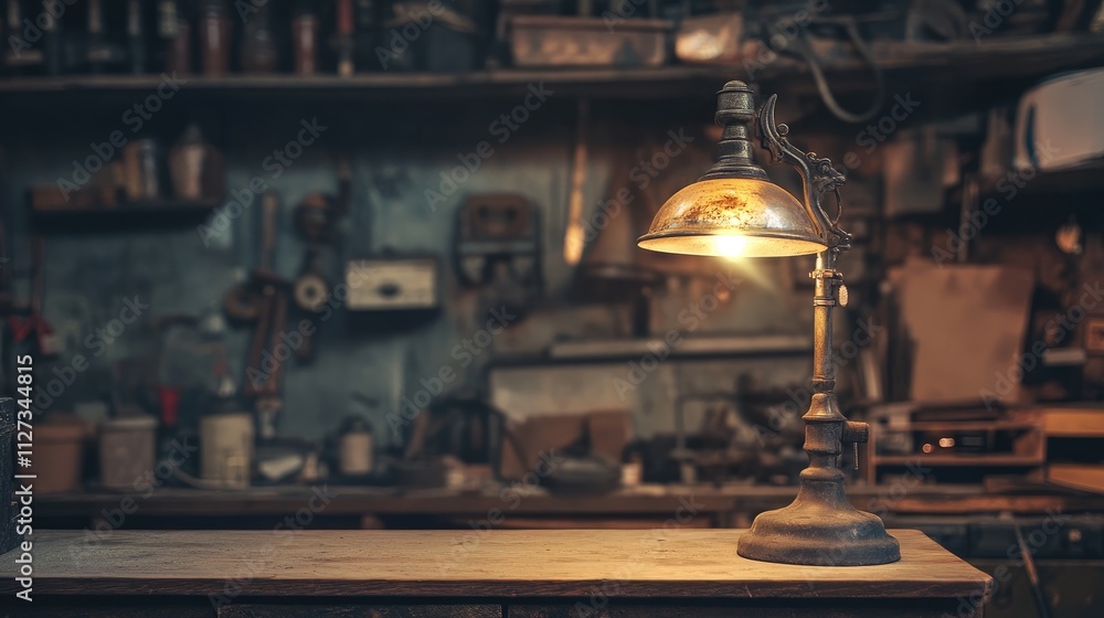 Poster vintage lamp illuminating a rustic workshop with tools and wooden surfaces in the background, creati