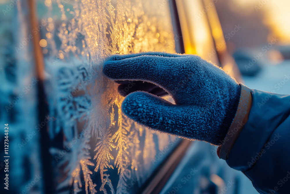 Poster frosty patterns form on car windows during a cold winter afternoon. generative ai
