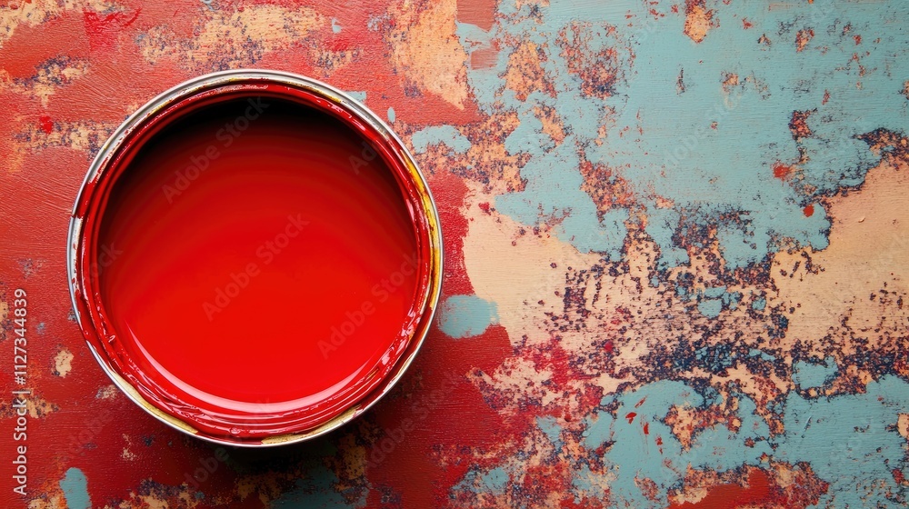 Poster red paint can viewed from above on a textured, multicolored surface showcasing artistic splashes and