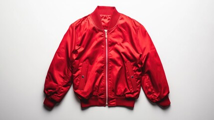 Stylish red bomber jacket displayed on a white background for fashion and apparel marketing purposes
