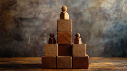 Corporate hierarchy concept represented by wooden blocks and figures illustrating leadership and team structure in human resources management