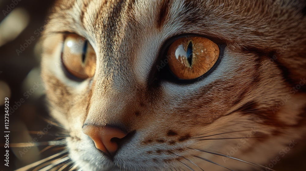Poster close up of a savannah cat showcasing its distinctive large eyes and unique fur patterns in warm nat