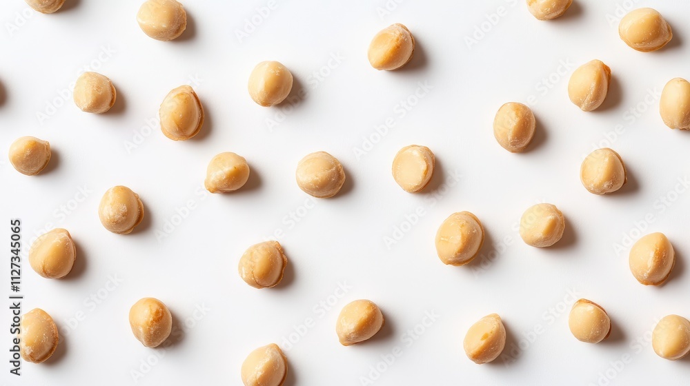 Poster macadamia nuts arranged in a scattered pattern on a clean white background showcasing their unique s
