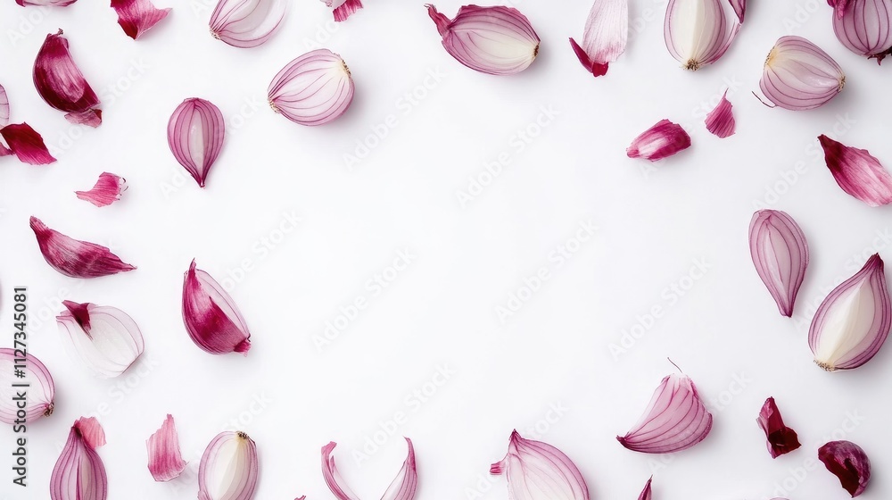 Poster red onions and sliced pieces arranged on a white background creating a vibrant and colorful food com