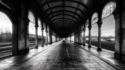 Historic railway platform showcasing intricate architecture and empty tracks, captured in black and white for a timeless aesthetic.