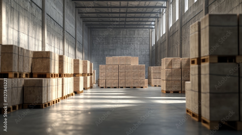 Poster warehouse interior with large stacked blocks on pallets creating an abstract background atmosphere w