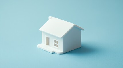 Miniature white toy house on pastel blue background symbolizing mortgage property insurance and dream home concept flat lay view