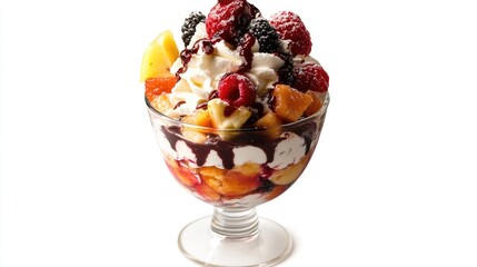 Colorful fruit salad with whipped cream and chocolate sauce in a glass sundae dish on a white background