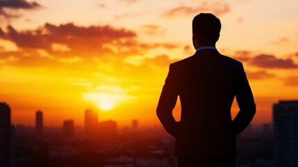 Businessman watching sunset over city skyline inspirational moment urban environment contemplation