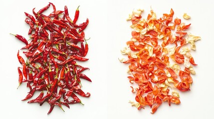 Naklejka premium Red chili peppers and dried chili flakes arranged separately on a clean white background for culinary or spice-related purposes