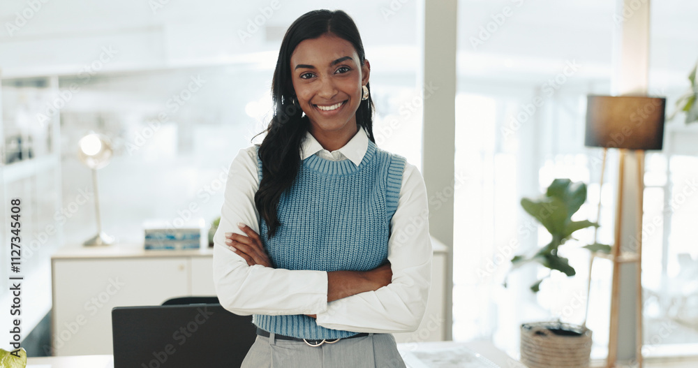 Wall mural Smile, journalist and portrait of woman with arms crossed for professional, pride and entrepreneur in office. Creative, consultant or news editor for publishing, content creation and press startup