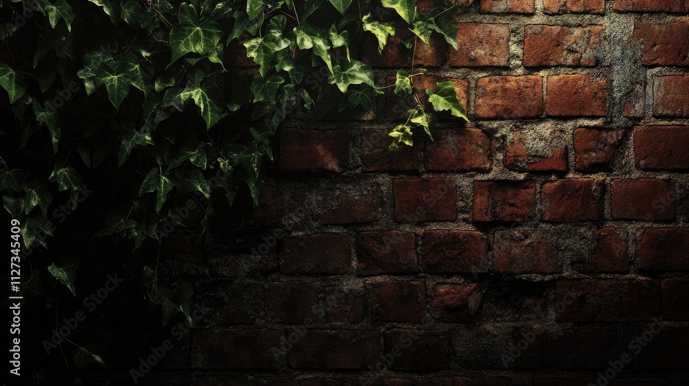 Poster red brick wall adorned with lush green ivy creating a rustic and textured background ideal for archi