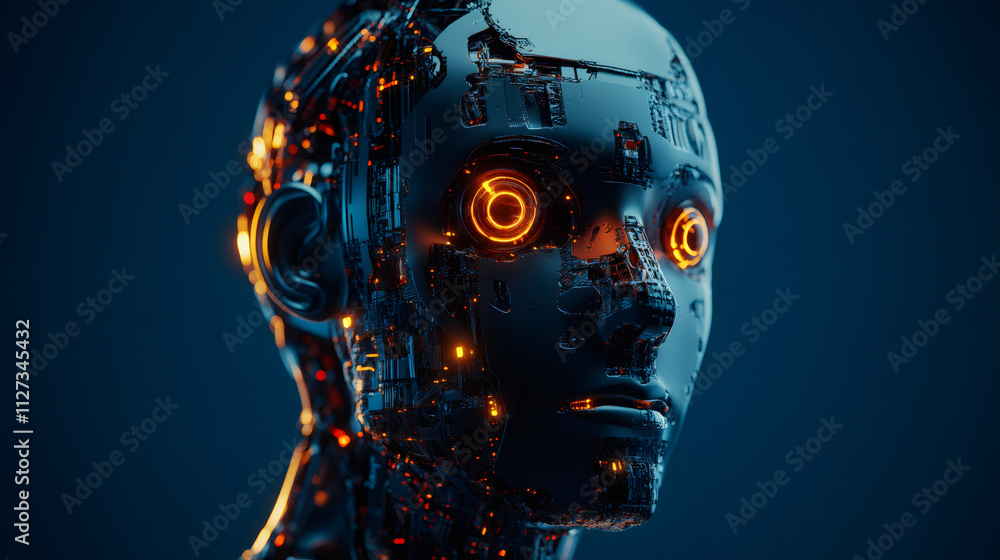 Aufkleber cyborg exhibiting advanced machine learning abilities with illuminated eyes and intricate wiring