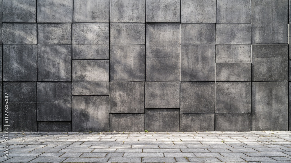 Poster textured grey precast concrete block wall with interlocking cinder bricks and square caps against a 