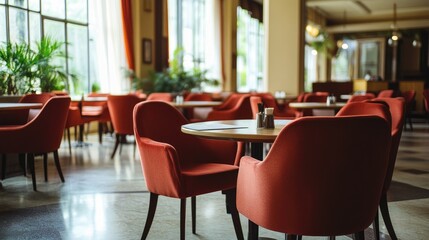 Obraz premium Elegant hotel restaurant interior featuring stylish red chairs and natural light from large windows creating a welcoming dining atmosphere.
