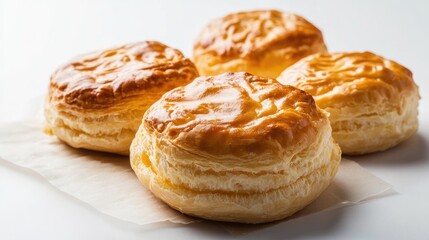 Golden puff pastries neatly arranged on a white background showcasing their flaky layers and delicious texture.