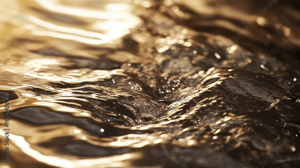 Poster golden hour macro shot of gentle stream water flowing over smooth rocks creating tranquil reflection