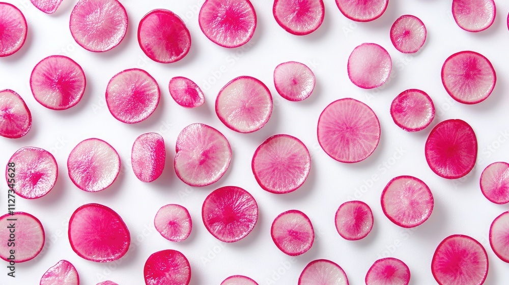 Poster radish slices arranged on a white background with shallow depth of field showcasing vibrant colors a