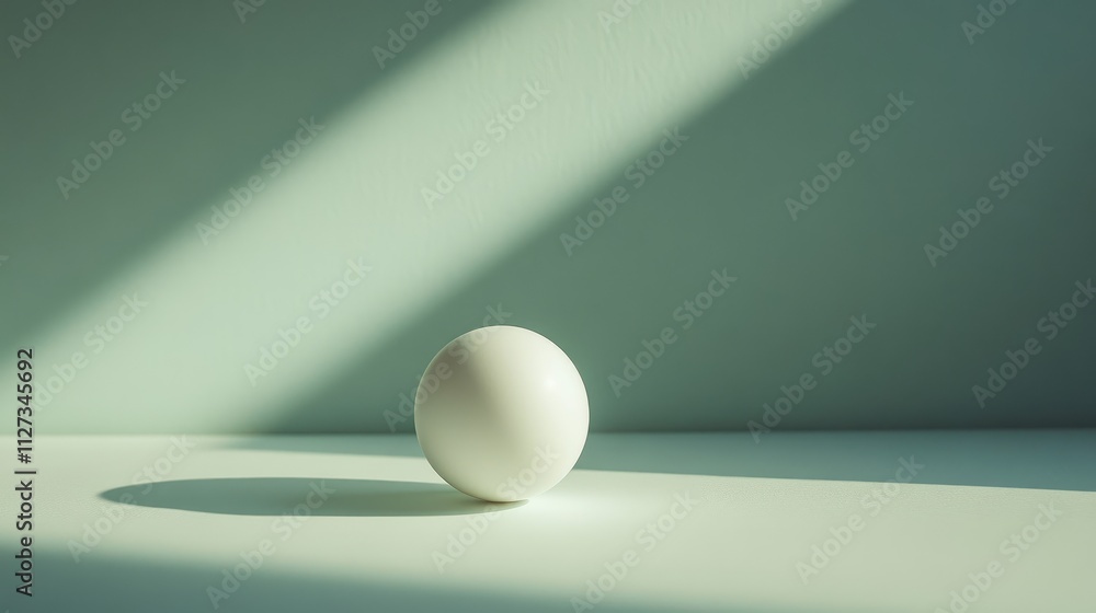 Poster minimalist composition of a ping pong ball casting a shadow on a light green table with soft natural