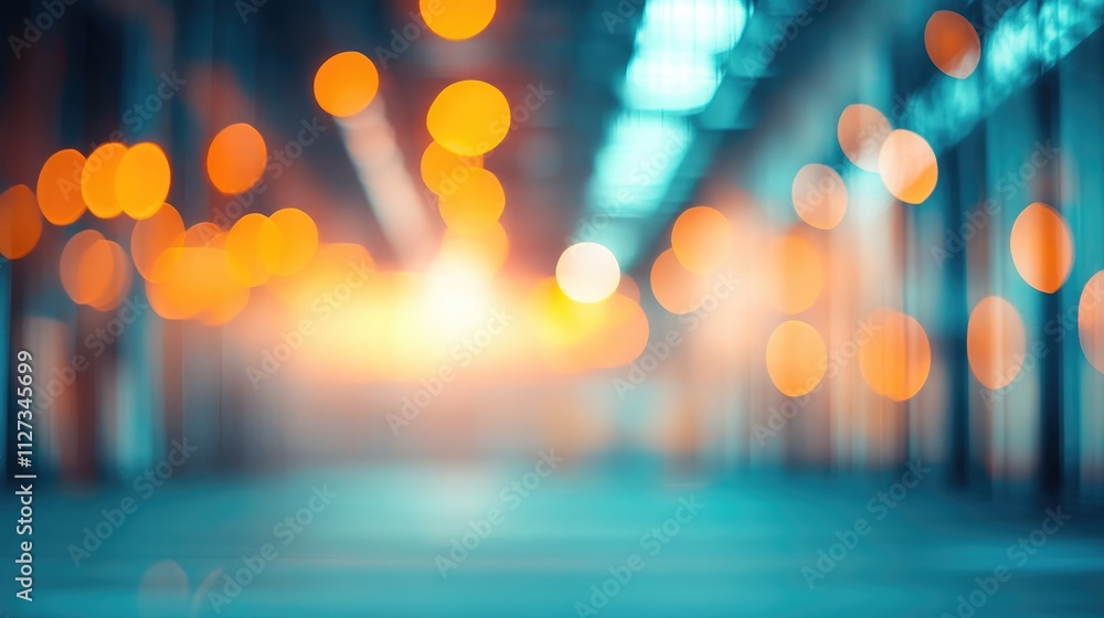 Poster abstract blurred background of a modern warehouse interior with vibrant bokeh lighting effects creat