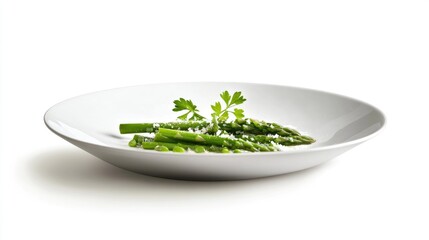 Elegant presentation of fresh green asparagus garnished with parsley on a pristine white plate against a minimalistic background