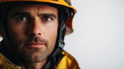 Fototapeta premium Close-up portrait of a male firefighter wearing a helmet and protective gear against a plain white background showcasing determination and bravery