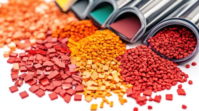 Red polymer masterbatch granules and color chips assortment for diverse applications on a white background showcasing color variety and texture