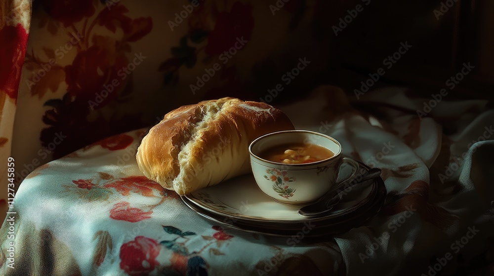 Poster warm bread and soup served on an elegant table setting with floral fabric backdrop creating a cozy a