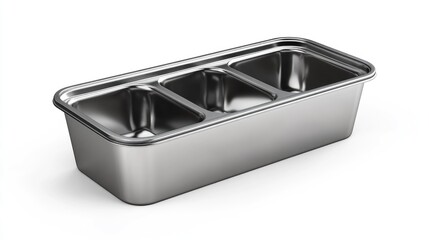 Metal Rectangular Ice Cream Shop Container with Three Compartments Isolated on White Background for Commercial Kitchen Use