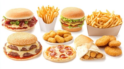 Assorted fast food selection featuring burgers fries pizza chicken nuggets wraps and nachos on a white background for appealing advertising use