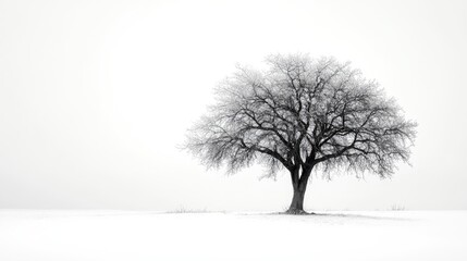 Lonely tree silhouette against a minimalistic white backdrop emphasizing solitude and tranquility in a serene landscape.