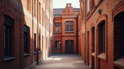 Fototapeta premium Historic red brick architecture with narrow alleyway in urban setting showcasing intricate masonry and vintage design elements