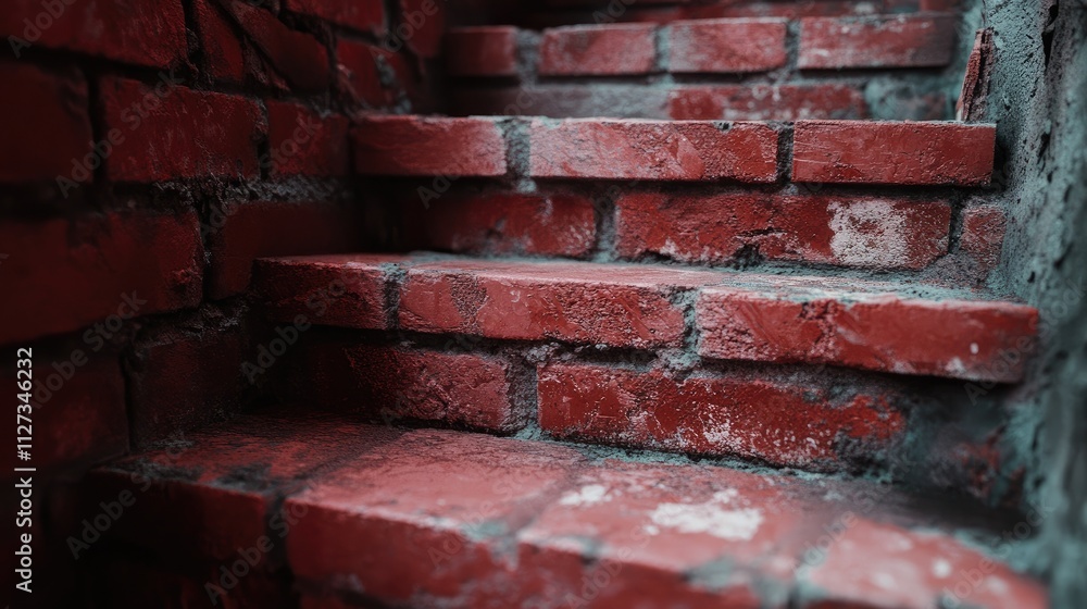 Poster close-up of weathered red brick staircase showcasing textures and details in an urban environment fo