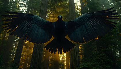 Majestic black bird with wings outstretched, soaring through a sunlit redwood forest.