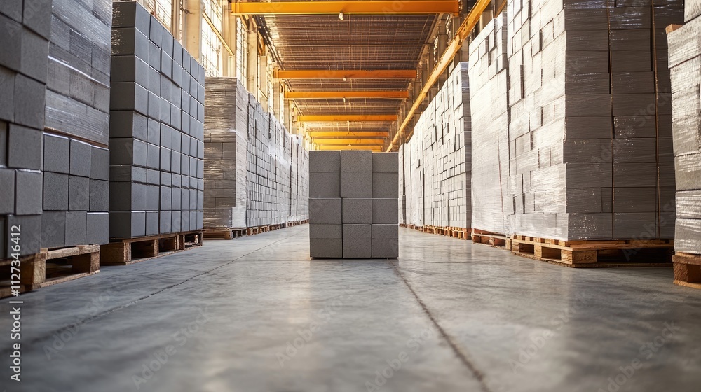 Poster warehouse interior with stacked gray boxes and bright lighting creating an abstract background of st