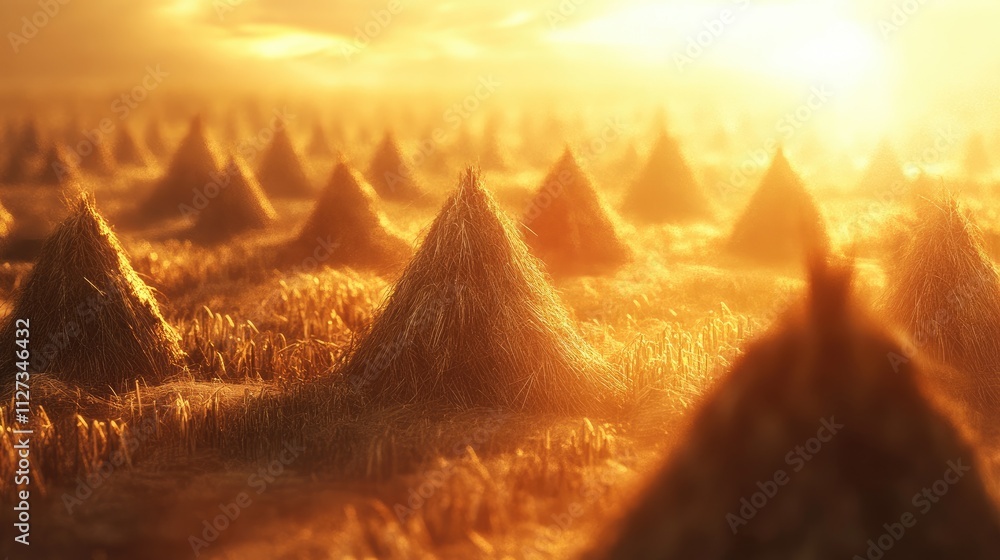 Poster golden haystacks bathed in warm sunlight with a soft blurred background creating a serene autumn lan