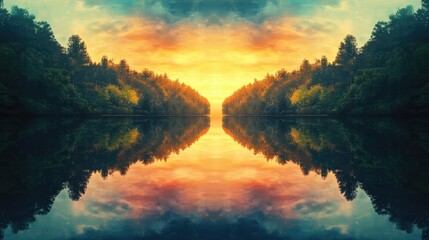 Obraz premium Serene forest lake at sunset with glowing clouds and symmetrical reflections in clear water showcasing an idyllic nature landscape