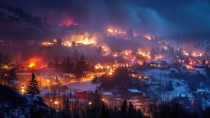 Emergency response teams with fire trucks battling wildfires in a rural area at night illuminating the landscape with flickering lights
