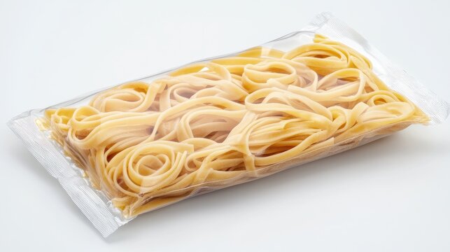 Dried pasta strands in transparent packaging on a clean white background showcasing food preparation and culinary themes