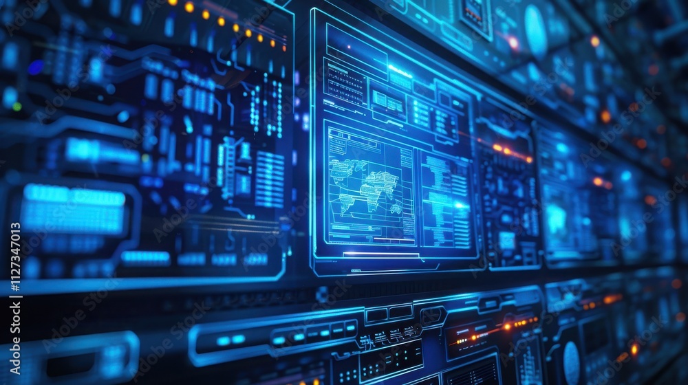 Poster futuristic digital interface displays global data systems