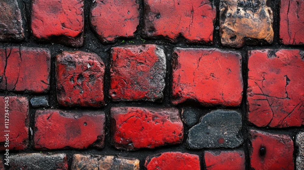 Poster Red weathered paving slabs showcasing a textured sidewalk surface with rich colors and unique patterns for urban design or architecture themes.