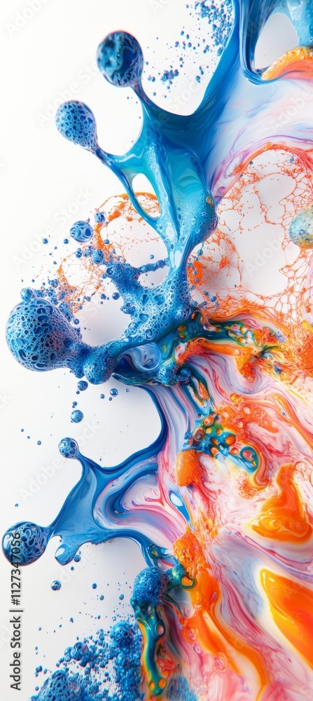 Poster vivid colors colliding and swirling, creating a dynamic abstract composition with intricate patterns