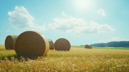 Straw bales in a summer field under a bright blue sky with fluffy clouds showcasing the beauty of rural agriculture and nature.