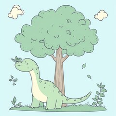 Obraz premium Gentle Brontosaurus: A friendly brontosaurus in a lush green meadow, smiling with a leaf in its mouth, under a big tree with fluffy clouds in background.