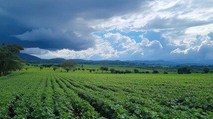 Fototapeta premium Dramatic storm clouds gather over a lush green soybean field in a rural landscape, showcasing the beauty of nature's changing weather.