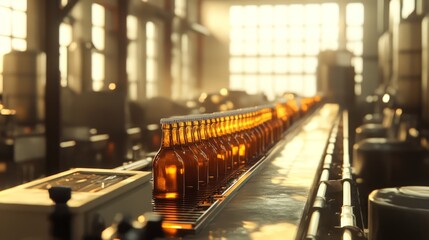 Bottles moving on a factory conveyor belt.
