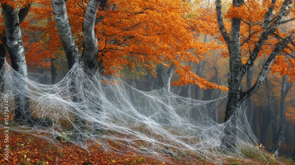 Poster autumn forest with vibrant orange leaves and intricate cobwebs creating a mystical atmosphere in nat