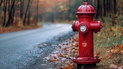 Vibrant Red Fire Hydrant Along Serene Autumn Roadside with Colorful Fall Foliage
